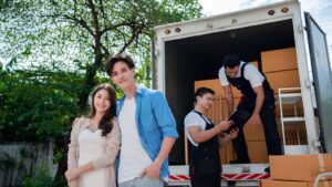 Moving truck and packed boxes for a long-distance move